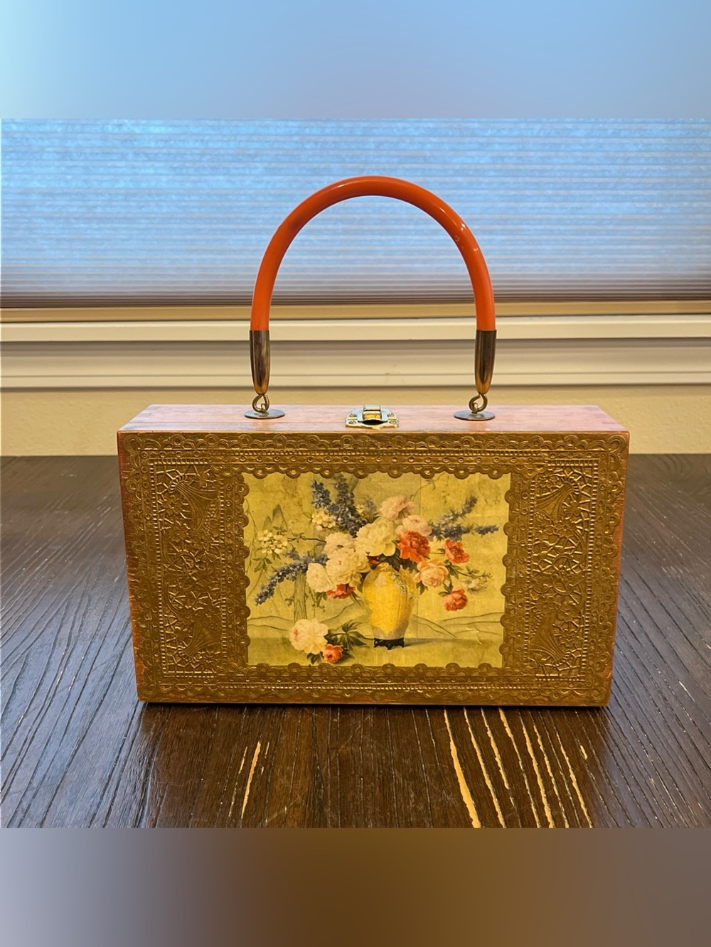 Vintage Floral Box Handbag with Orange Handle